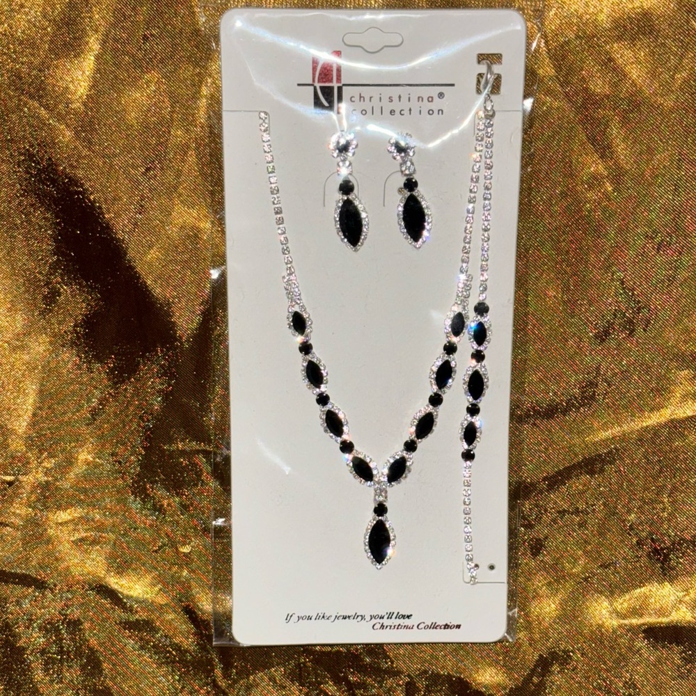 New Black 3 PCS Necklace, Bracelet, & Earring Set Formal Wedding Church Prom